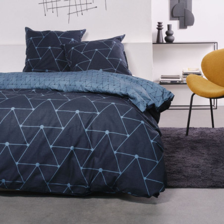 Parure de lit double réversible "Sunshine" en coton imprimé de triangles - Bleu - 240 x 260 cm