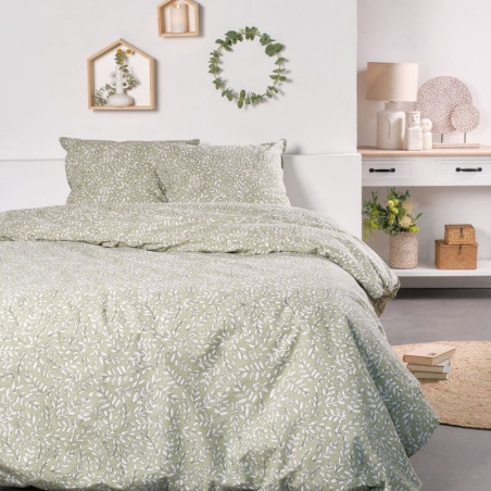 Parure de lit double réversible "Sunshine" en coton imprimé de petites végétations - Vert - 240 x 260 cm