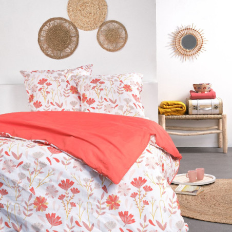 Parure de lit double réversible "Sunshine" en coton imprimé de fleurs - Rouge corail/Blanc - 240 x 260 cm
