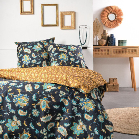Parure de lit double réversible "Sunshine" en coton imprimé de fleurs style mandalas - Bleu/Jaune - 240 x 220 cm