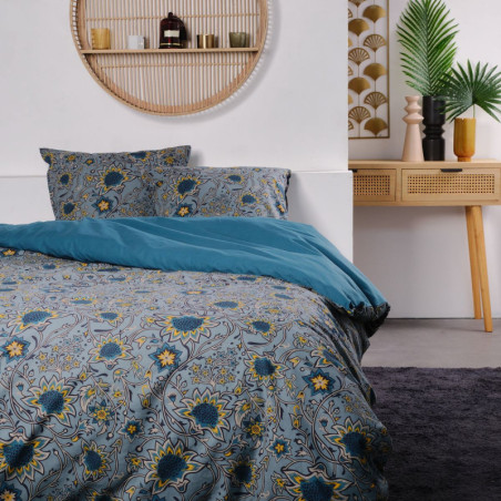 Parure de lit double réversible "Sunshine" en coton imprimé de fleurs - Bleu - 240 x 260 cm