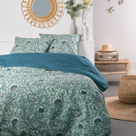 Parure de lit double réversible "Sunshine" en coton imprimé de fleurs - Vert - 240 x 260 cm
