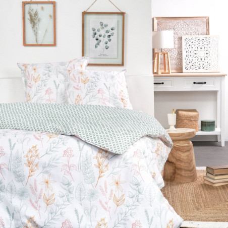 Parure de lit double réversible "Sunshine" en coton imprimé floral - Blanc/Vert - 240 x 260 cm