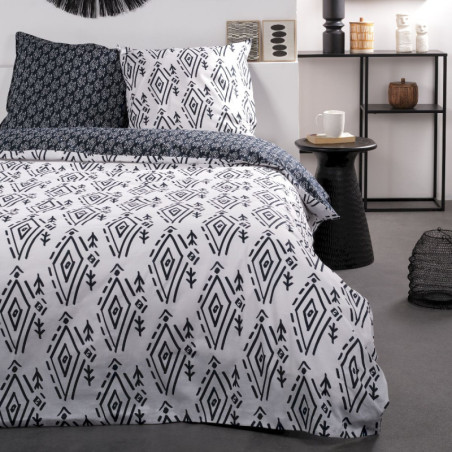 Parure de lit double réversible "Sunshine" en coton à motifs ethnique - Blanc/Noir - 240 x 260 cm