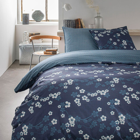 Parure de lit double réversible "Sunshine" en coton imprimé de petites fleurs - Bleu - 240 x 260 cm