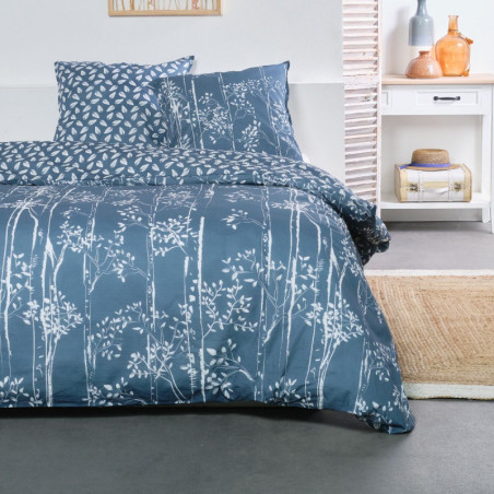 Parure de lit double réversible "Sunshine" en coton imprimé de végétations - Bleu - 240 x 260 cm