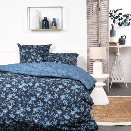 Parure de lit double réversible "Sunshine" en coton à motif floral - Bleu - 240 x 260 cm