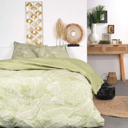 Parure de lit double réversible "Sunshine" en coton à motif végétal - Vert citron - 240 x 260 cm