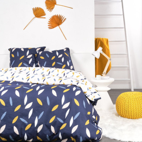Parure de lit double réversible "Sunshine" en coton à motif pétales - Bleu/Blanc - 240 x 260 cm