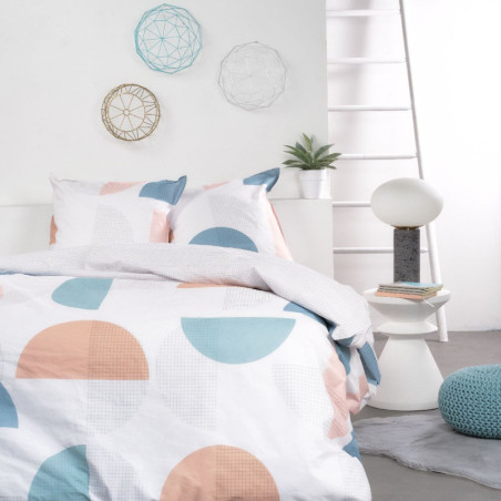 Parure de lit double réversible "Sunshine" en coton imprimé de cercles - Blanc - 240 x 260 cm