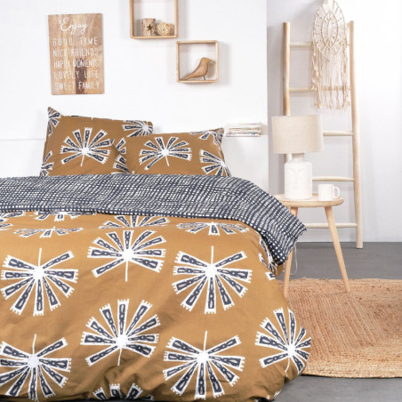 Parure de lit double réversible "Sunshine" en coton à motifs pissenlits - Marron - 240 x 260 cm