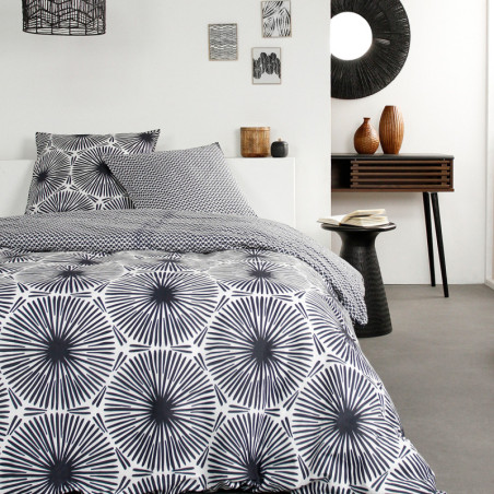 Parure de lit double réversible "Sunshine" en coton imprimé - Blanc/Bleu - 240 x 220 cm