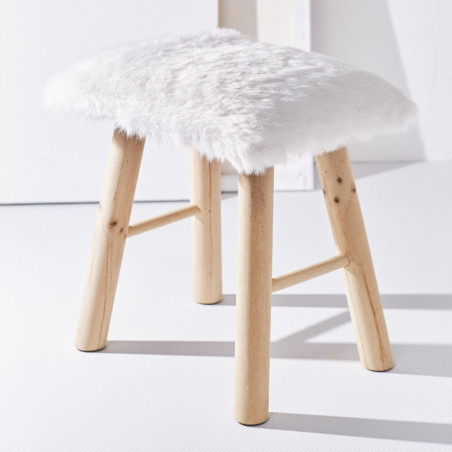 Petit tabouret "Montagne" en fausse fourrure et bois - Blanc - L 38 x P 28 x H 39 cm