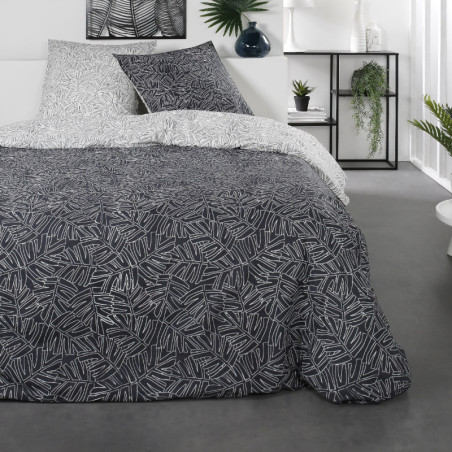 Parure de lit double "Sunshine" en coton imprimé de fougères - Noir/Blanc - 240 x 260 cm