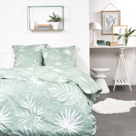 Parure de lit double "Sunshine" en coton imprimé de végétation - Vert céladon - 240 x 260 cm