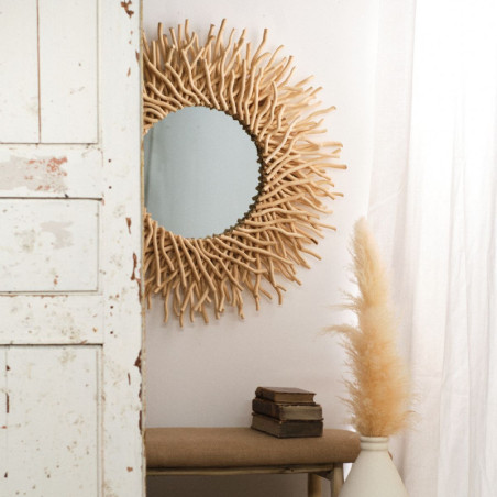 Miroir soleil rond "Indies" en bois - Beige - D 88 cm