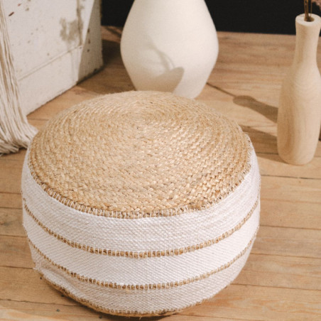 Pouf rond 'Indies" en coton et jute - Beige/Blanc - D 50 x H 35 cm