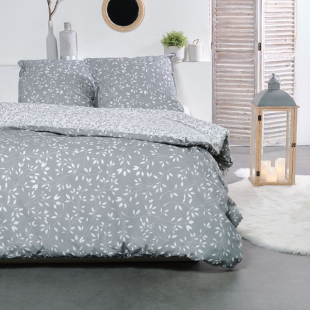 Parure de lit double réversible "Sunshine" en coton imprimé de feuillage - Gris acier - 240 x 260 cm