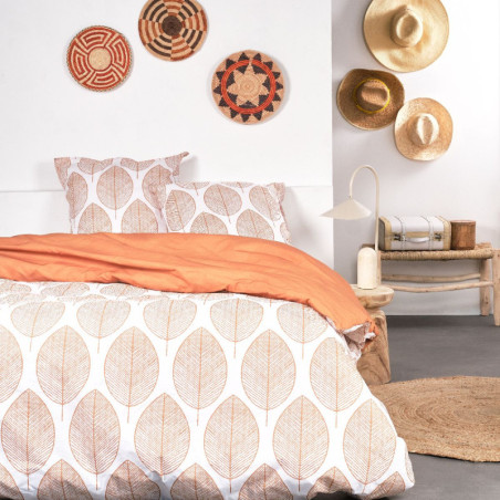 Parure de lit double réversible "Sunshine" en coton imprimé de feuilles - Orange/Blanc - 240 x 260 cm