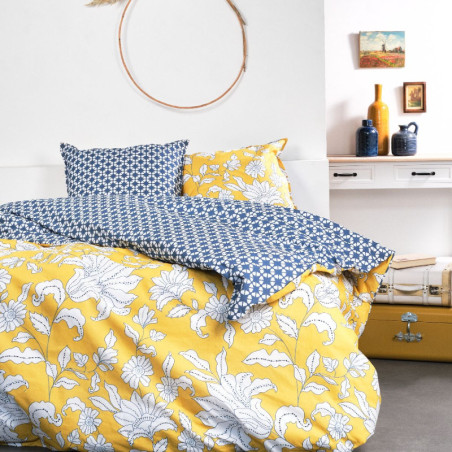 Parure de lit double réversible "Sunshine" en coton imprimé floral - Jaune/Bleu - 240 x 260 cm