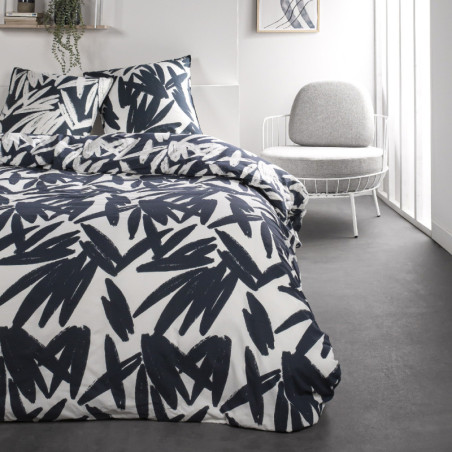 Parure de lit double réversible "Sunshine" en coton imprimé feuilles de bambou - Blanc/Noir - 240 x 260 cm