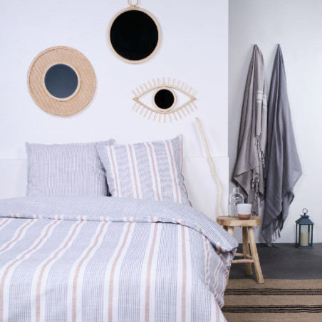 Parure de lit double réversible "Kargo" en coton rayé - Bleu denim - 220 x 240 cm