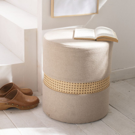 Tabouret en tissu et cannage "Palma" - Beige - D 35 x H 40 cm