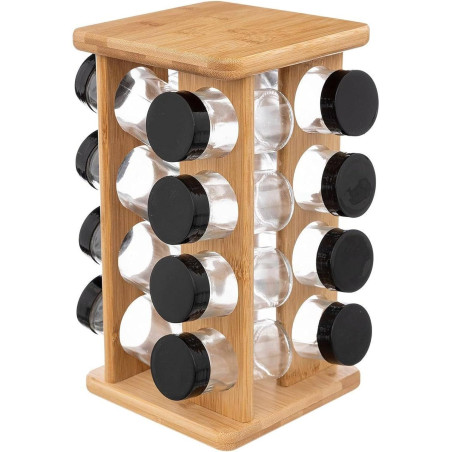Présentoir rotatif avec 16 pots à épices en bambou - Noir/Beige - H 28 cm