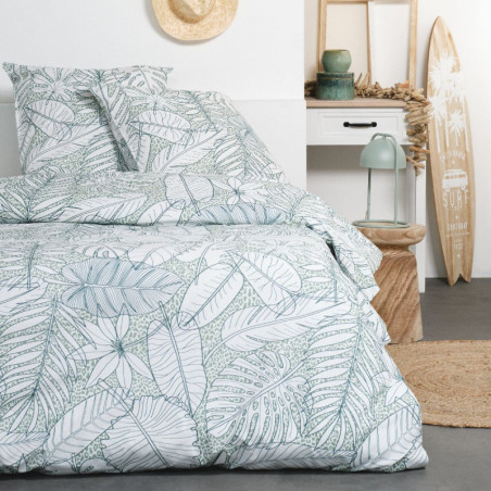Parure de lit double en coton "Sunchine" imprimé feuilles - Vert/Blanc - 220 x 240 cm