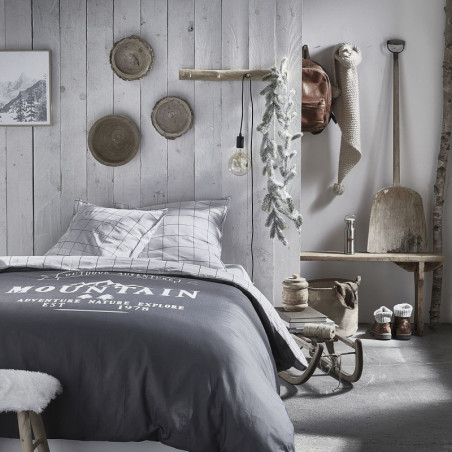 Parure de lit double en coton "Montagne" avec texte - Gris/Blanc - 220 x 240 cm