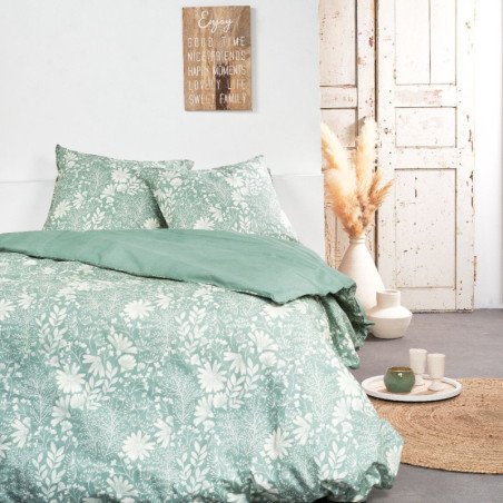 Parure de lit double imprimé floral "Sunshine" - Vert et Blanc - 220 x 240 cm