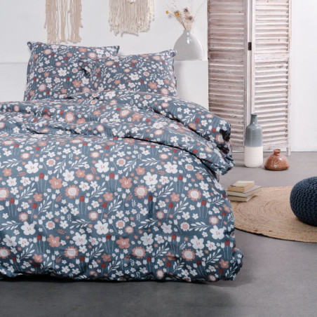 Parure de lit double imprimé à fleur en coton "Sunshine" - Bleu - 220 x 240 cm