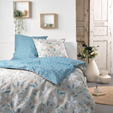 Parure de lit double imprimé à fleur en coton "Sunshine" - Beige et Bleu - 220 x 240 cm