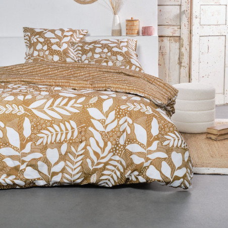 Parure de lit double imprimé feuillages en coton "Sunshine" - Bronze - 220 x 240 cm
