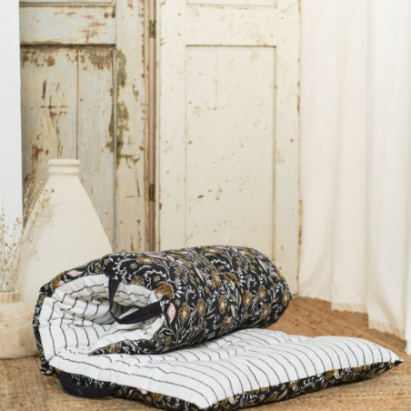 Matelas de sol à imprimé floral en coton "Indies" - Gris fusain/Blanc - L 140 x l 60 x H 4 cm