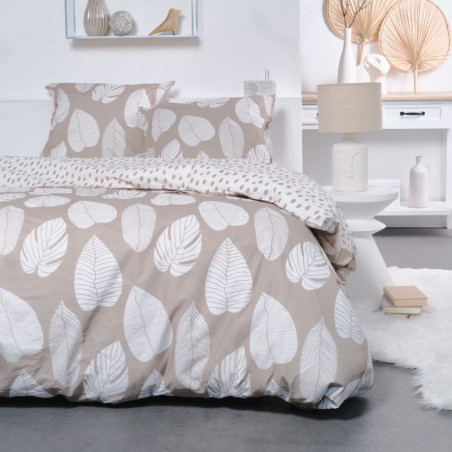 Parure de lit double à imprimé feuilles "Sunshine" - Blanc et Beige - 220 x 240 cm