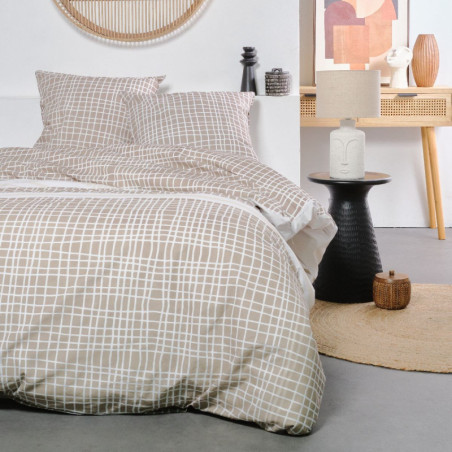 Parure de lit double à imprimé quadrillage en coton "Sunshine" - Beige et Blanc - 220 x 240 cm