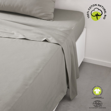 Drap plat lit double "Organic" en coton bio - Gris acier - 240 x 300 cm