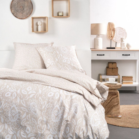 Parure de lit double "Sunshine" en coton imprimé arabesque - Rose et blanc - 220 x 240 cm