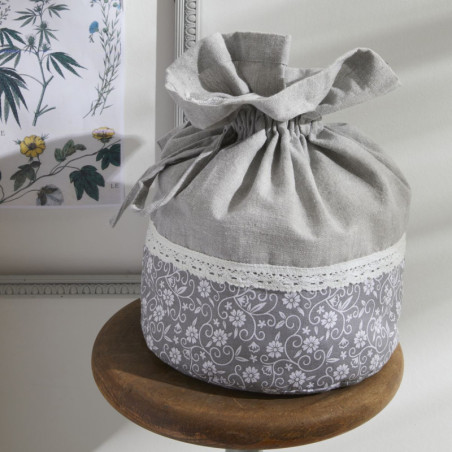 Sac Pochon "Capucine" en coton - Gris et imprimé floral - D 40 x H 25 cm