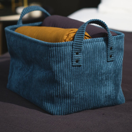 Panier rectangle "Cosy" en velour cotelé - Bleu Paon - L 35 x P 25 x H 22 cm