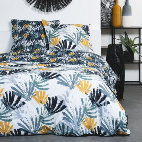 Parure de lit double "Sunshine" en coton imprimé de motifs éventaille - Blanc/Bleu/Jaune - 220 x 240 cm