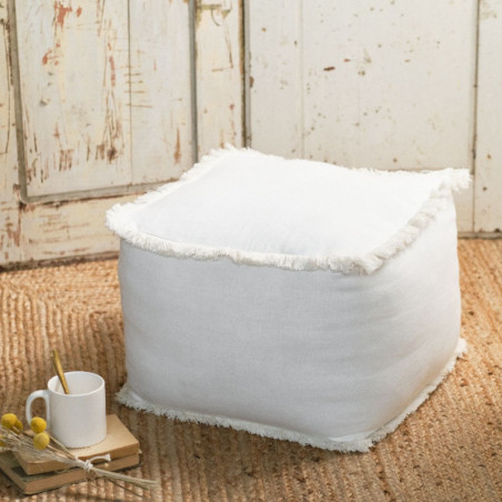 Pouf carré à franges "Indies" en coton - Blanc - L 40 x P 40 x H 30 cm