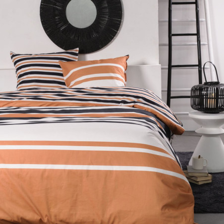 Parure de lit 2 double "Sunshine" en coton réversible à rayure - Orange/Noir - 240 x 260 cm