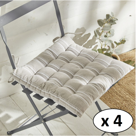 Lot de 4 galettes de chaises carré "Bérénice" à rayures en coton - Beige - 40 x 40 cm