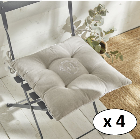 Lot de 4 galettes de chaises carré "Berenice" en coton avec broderie "H" - Beige - 40 x 40 cm