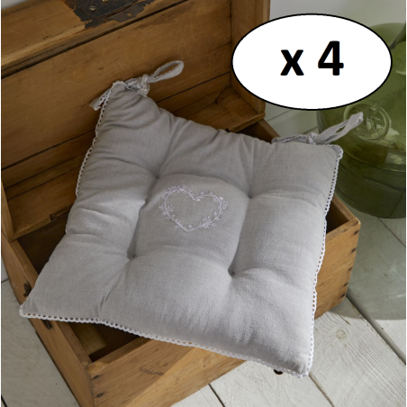 Lot de 4 galettes de chaises carré "Constance" en coton avec broderie coeur - Gris - 40 x 40 cm