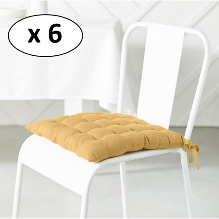 Lot de 6 galettes de chaises carré "Essential" en coton matelassé - Jaune - 38 x 38 cm