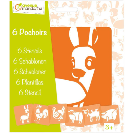 Set de 6 pochoirs pour enfant - Animaux de la ferme - Orange - 15 x 15 cm
