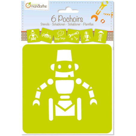 Set de 6 pochoirs pour enfants - Robots - Vert - 15 x 15 cm